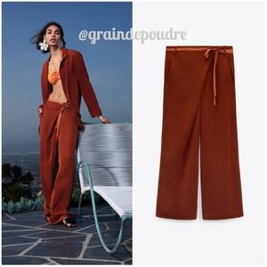 Rare! Zara Caramel Brown Ribbon Tie Pareo Wide Leg Slouchy Pants M L XL